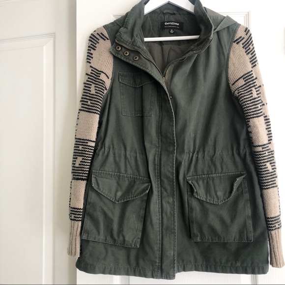 Army Green Jacket with Knit Sleeves and Hood - Picture 1 of 6